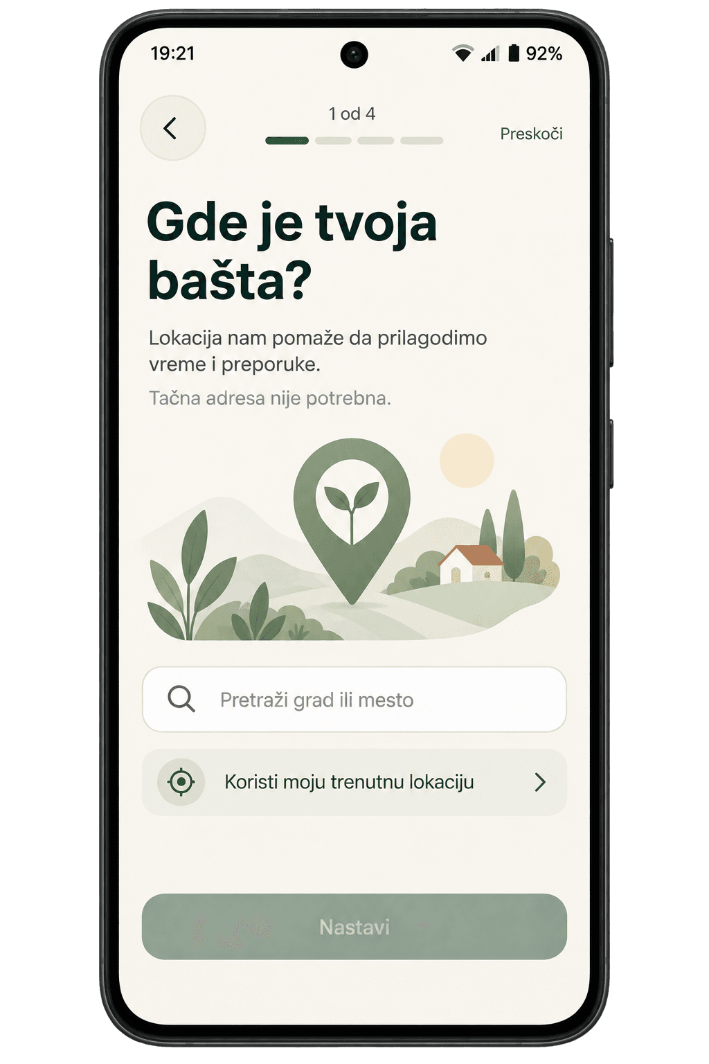 ZASAD ekran za unos mesta gde se nalazi bašta